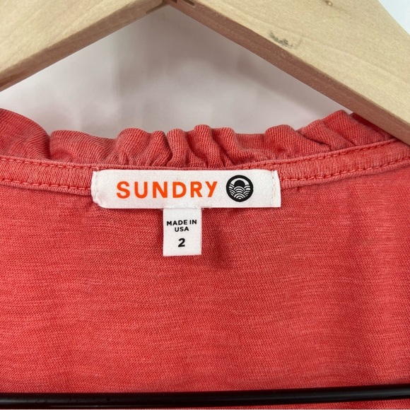 Bundle of 2 Sundry Tops Size 2 Medium Evereve White Pom Pom Tank Coral Ruffle - Picture 3 of 10